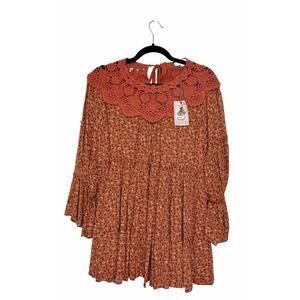 NWT Cottagecore Boho Long Sleeve Flowing Top Crochet Detail Romantic Peasant Top